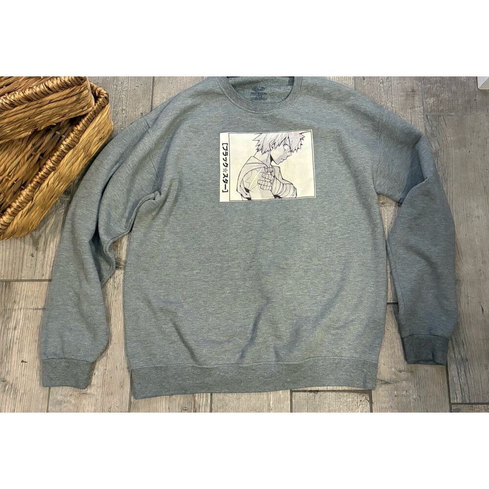 Fruit of the Loom Grey Crewneck – Soul Eater "Black☆Star" Manga Graphic – Large